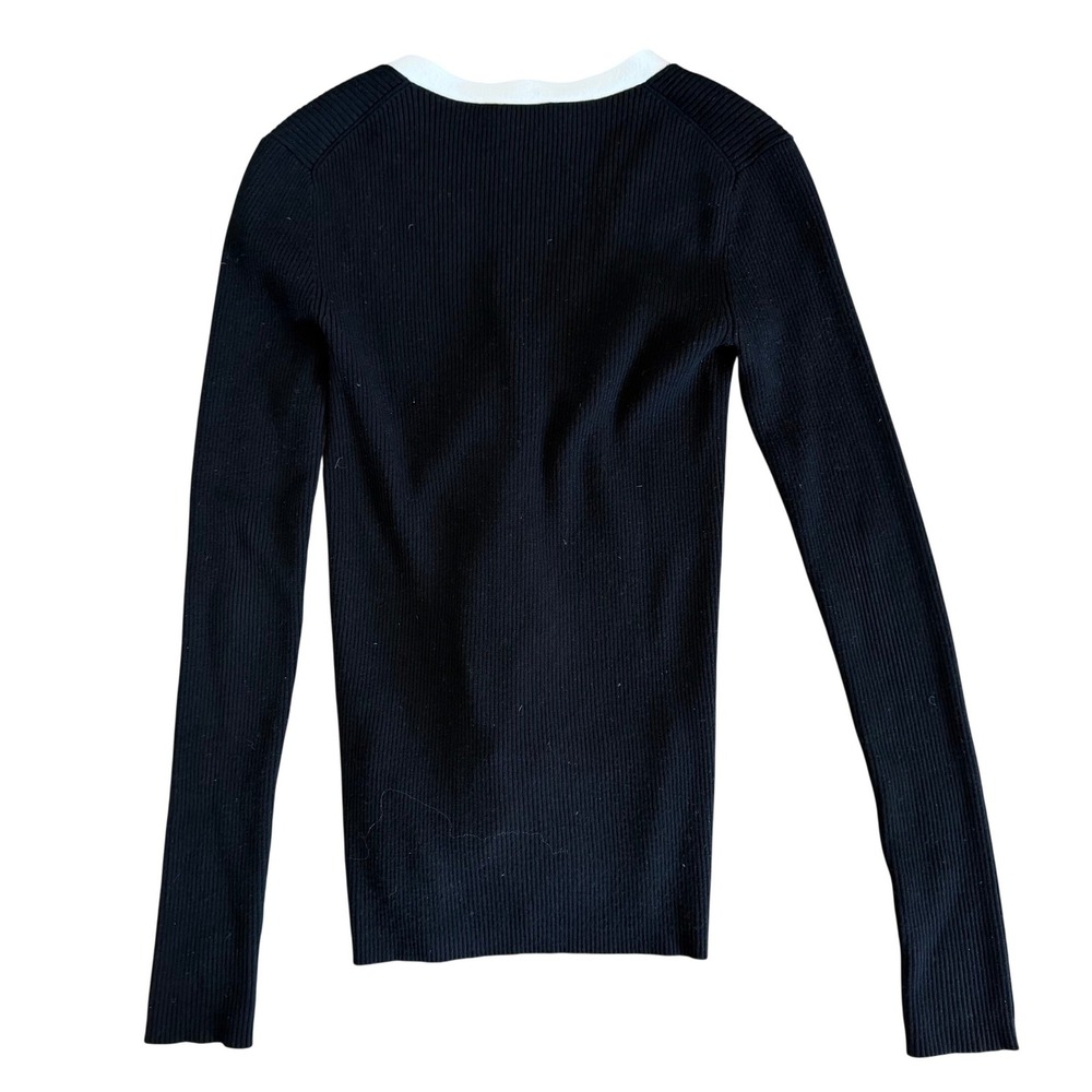 Theory Ribbed Knit Cardigan Black w/ White Trim V-Neck Button Front Women P S - Picture 2 of 6